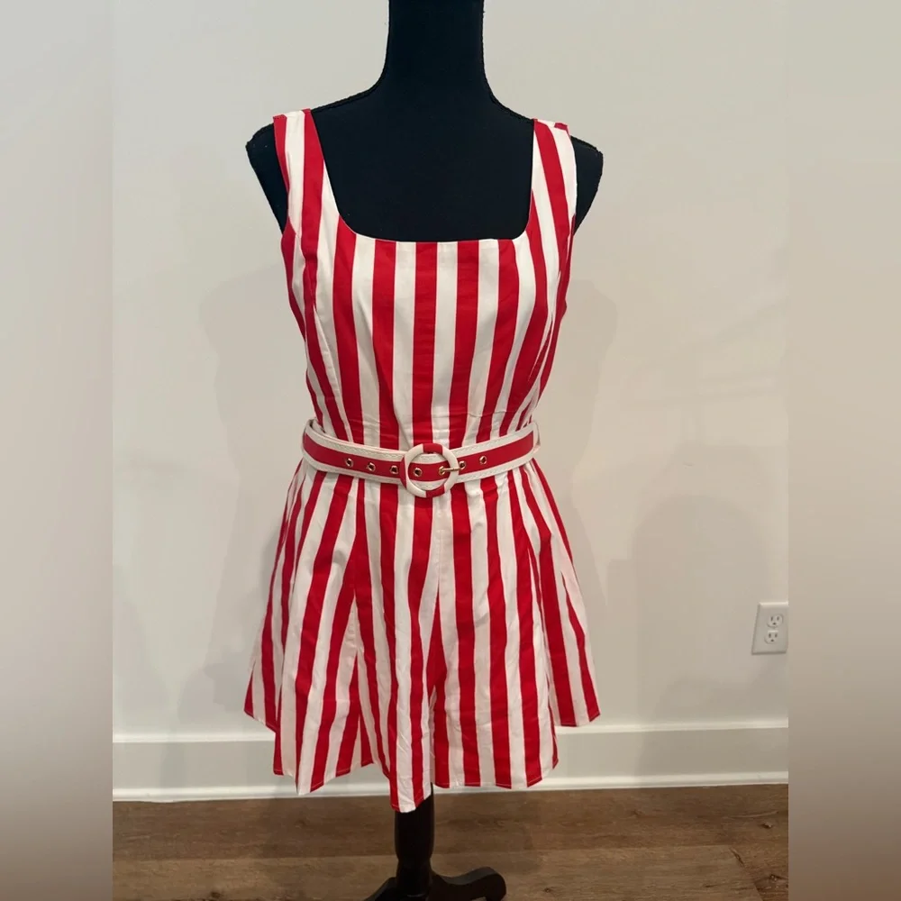 Striped Red & White Sleeveless Belted Romper - Picture 2 of 4